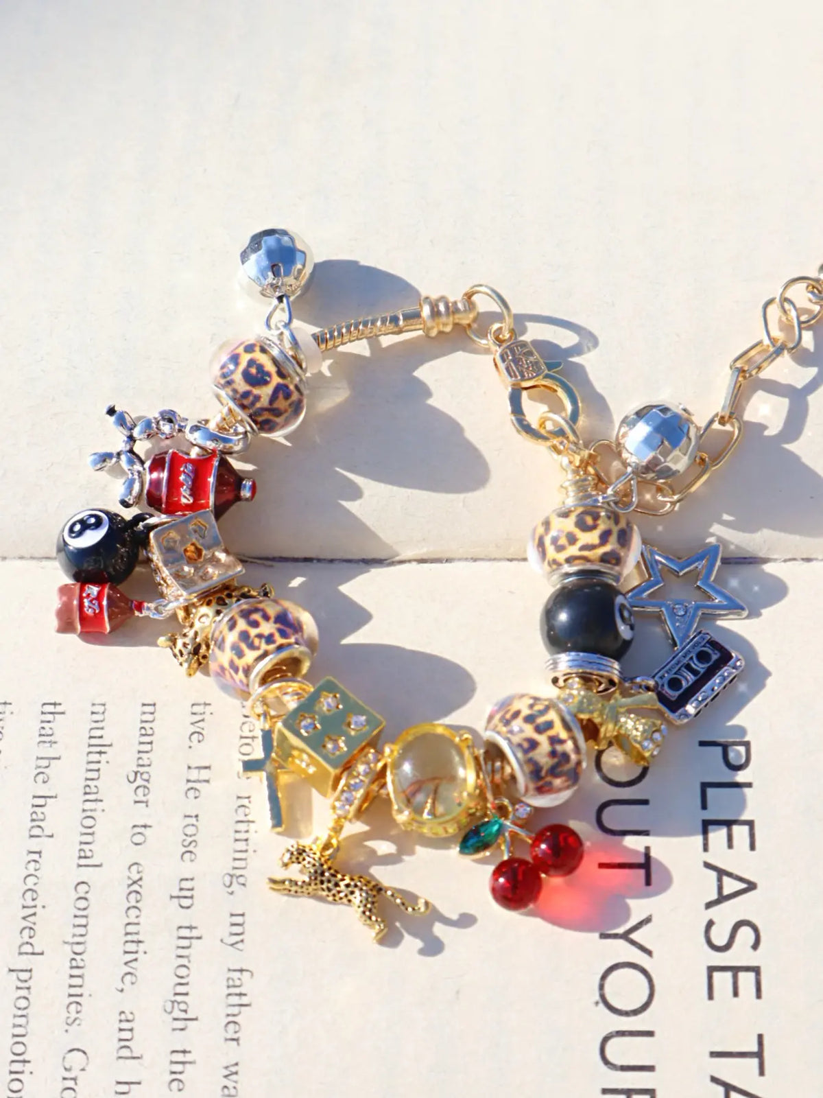 Unique Leopard Print Charm Bracelet, Cherry & Cross & Ball Pendant Bracelet, Music Festival Bracelet, Durable Beaded Bracelet, Creative Eye-Catching Bracelet, Trendy Jewelry