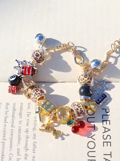 Unique Leopard Print Charm Bracelet, Cherry & Cross & Ball Pendant Bracelet, Music Festival Bracelet, Durable Beaded Bracelet, Creative Eye-Catching Bracelet, Trendy Jewelry