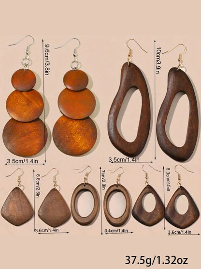Wooden Dangle Earrings, Crafted From Wood Boho Style Hollow Out Geometric Design Earrings, Fashion Jewelry Accessories for Women & Girls, Unique Design Earrings, Earrings Set