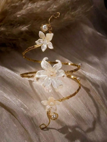 Glossy White Pearl Lily Golden Wire Spiral Arm Cuff Adjustable Upper Arm Flower Design Bracelet Handmade Floral Armband Boho Wedding Beach Fairy Women Statement Jewelry Bohemian Bracelet