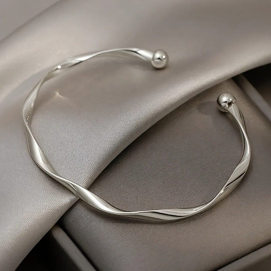 1pc Vintage Golden Silver Twisted Wave Bangle Elegant Simple Open Bracelet with Ball Ends Delicate Metal Wrist Jewelry Accessories for Women