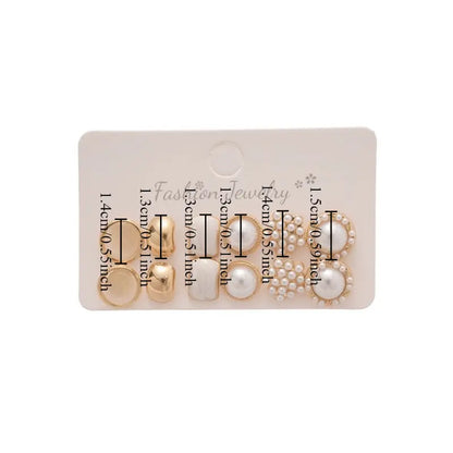 Women's 6-Pair Retro Elegant Hong Kong-Style Glossy Round Square Studs Set, Fashionable Earrings, Fine Stud Earrings, Elegant Jewelry Accessory, Costume Jewelry for Women