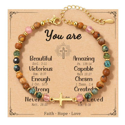 Cross Bracelet Christian Baptism Confirmation Gift Christian Sisters Friendship Bracelet Three Stones Protection Bracelet for Bonus Mom Daughter-In-Law Godmother Bestie Friend Family Birthday Easter Christmas Mother'S Day Holiday Gift with Card