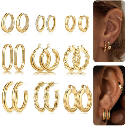Turandoss 9 Pairs Gold Hoop Earrings for Women, Hypoallergenic Thick Lightweight Earring, 925 Sterling Silver Post 14K Real Gold Plated Chunky Hoop Earrings Set for Women for Jewelry Gifts