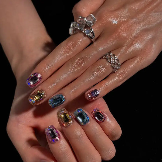 (17AM00#) Handmade Press-On Nails | Reusable, Salon-Quality, Long-Lasting, Glossy Design, Crystal Rhinestone Nude Blue Party Set