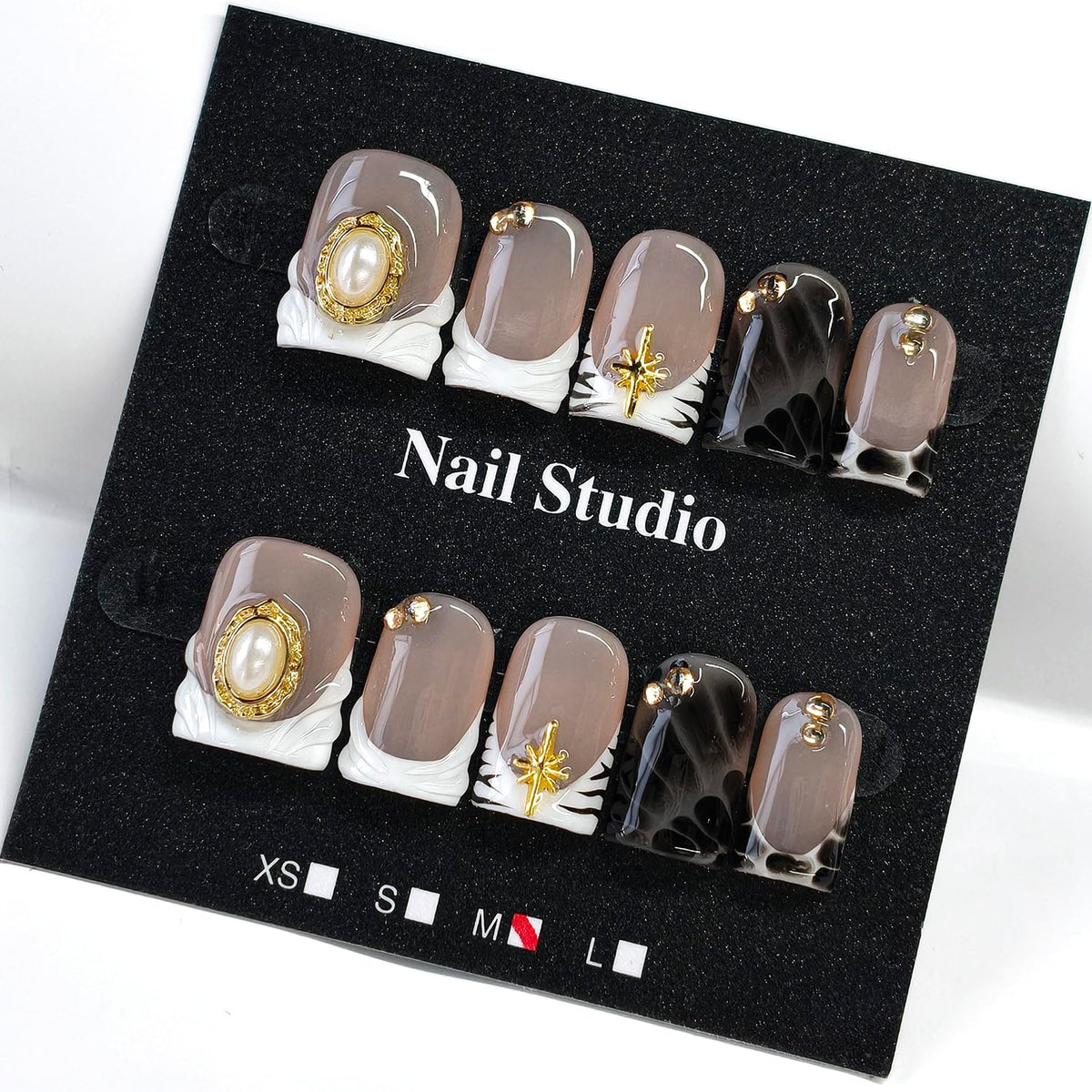 Handmade Press on Nails Short Almond Nude Polka Dot Glossy Reusable Fake Nails, Minimalist Beige Acrylic Press on Nails with White Dot Design for Women Girls 10 PCS(M)