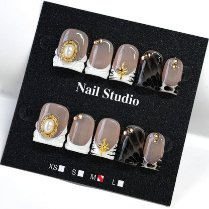 Handmade Press on Nails Short Almond Nude Polka Dot Glossy Reusable Fake Nails, Minimalist Beige Acrylic Press on Nails with White Dot Design for Women Girls 10 PCS(M)