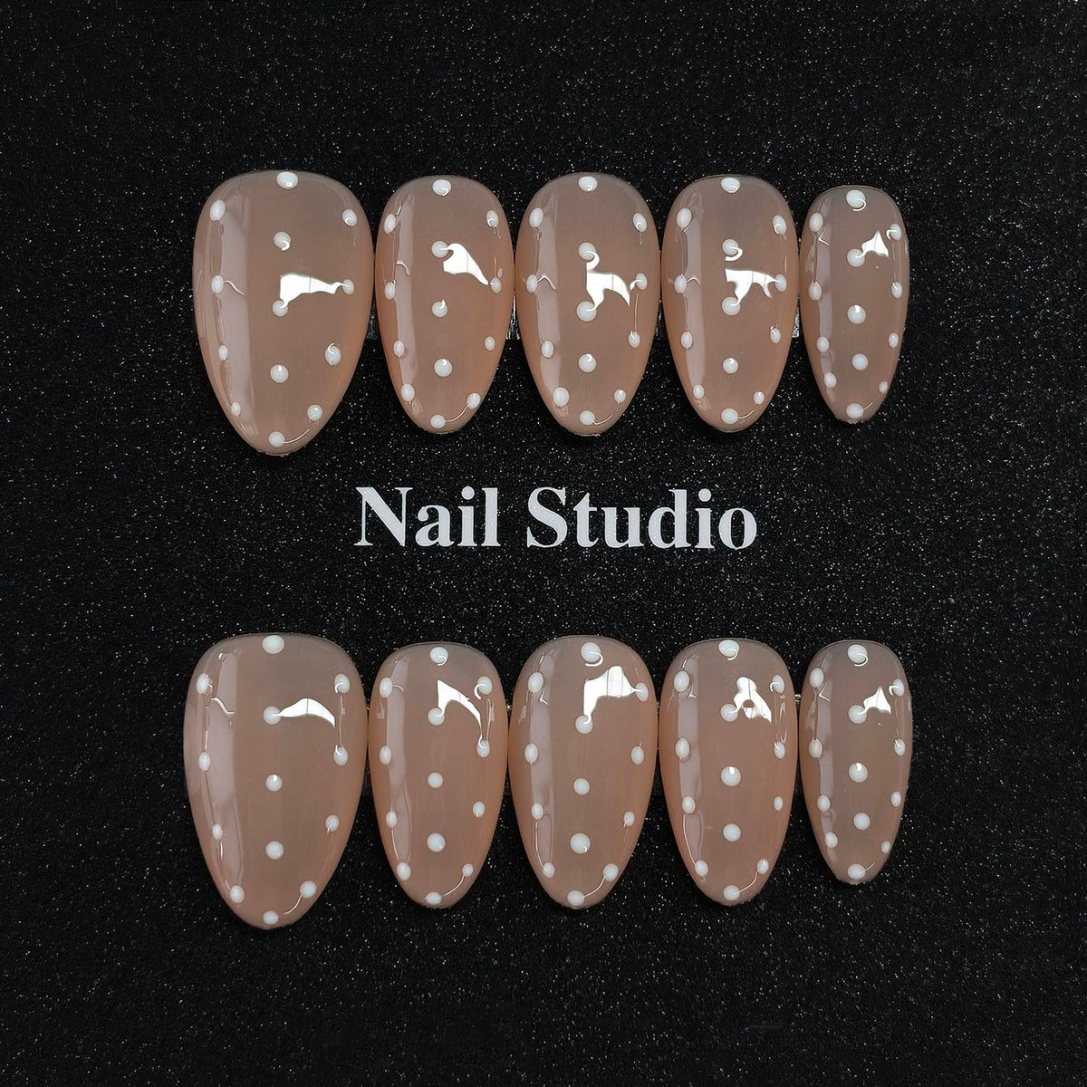 Handmade Press on Nails Short Almond Nude Polka Dot Glossy Reusable Fake Nails, Minimalist Beige Acrylic Press on Nails with White Dot Design for Women Girls 10 PCS(M)