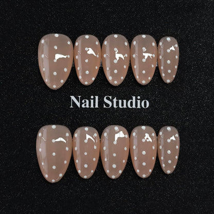 Handmade Press on Nails Short Almond Nude Polka Dot Glossy Reusable Fake Nails, Minimalist Beige Acrylic Press on Nails with White Dot Design for Women Girls 10 PCS(M)