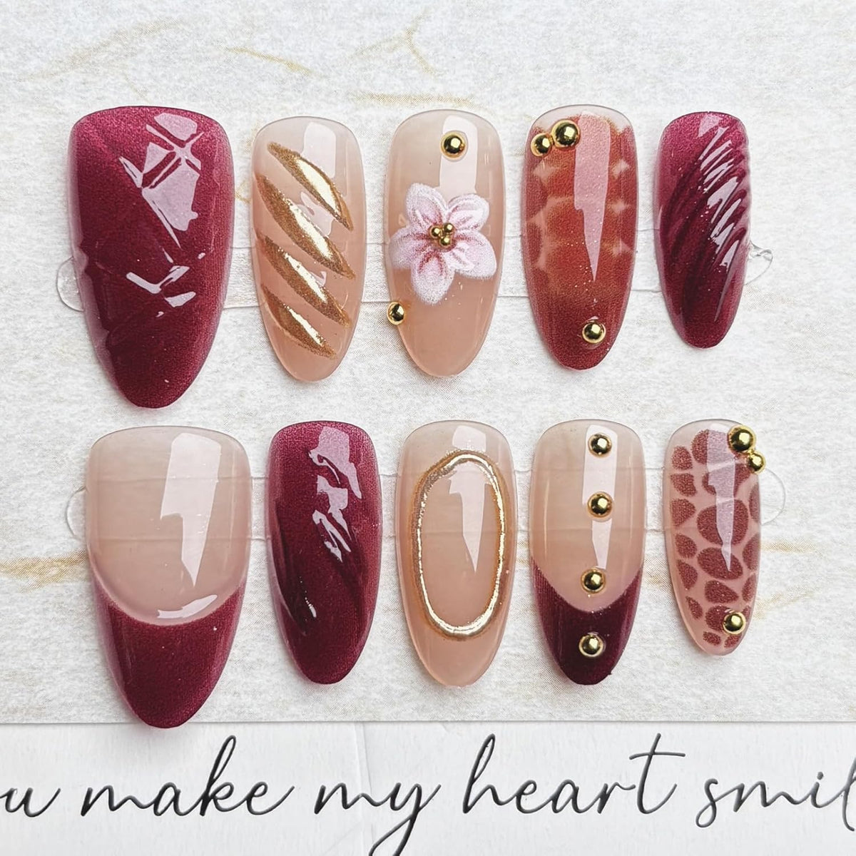 Fall Press on Nails Medium Almond French Tip, 30 Pcs Handmade 3D Flowers Gold Lines Embossed Designs, Glossy Nude Fake Nails, Reusable Glue On Nails, Full Cover Acrylic Nails for Women Brown