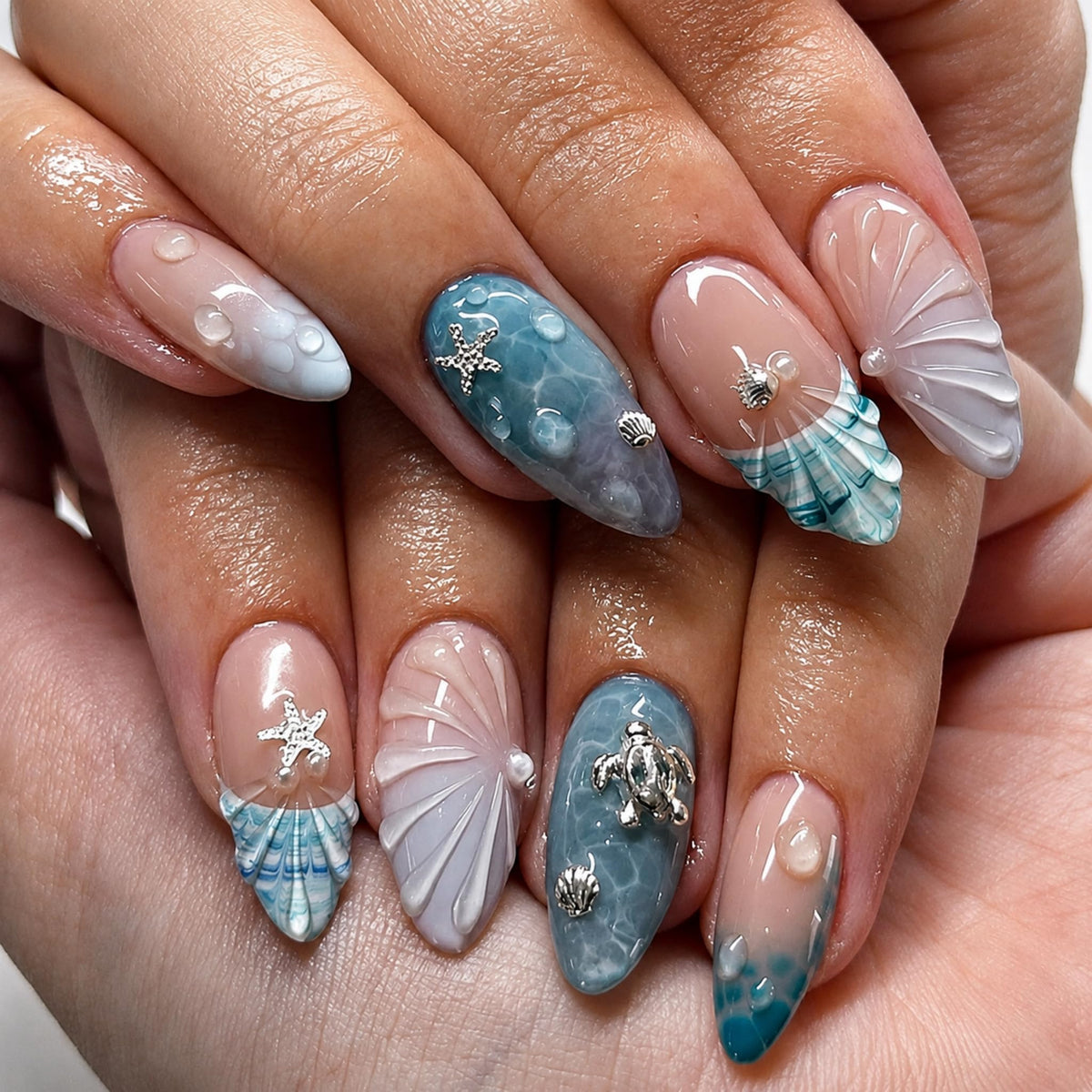 Long Press on Nails Almond Fake Nails Purple French Artificial Nail with 3D Flowers Designs Glitter Summer and Fall Cute Stick on Nail for Women 24pcs