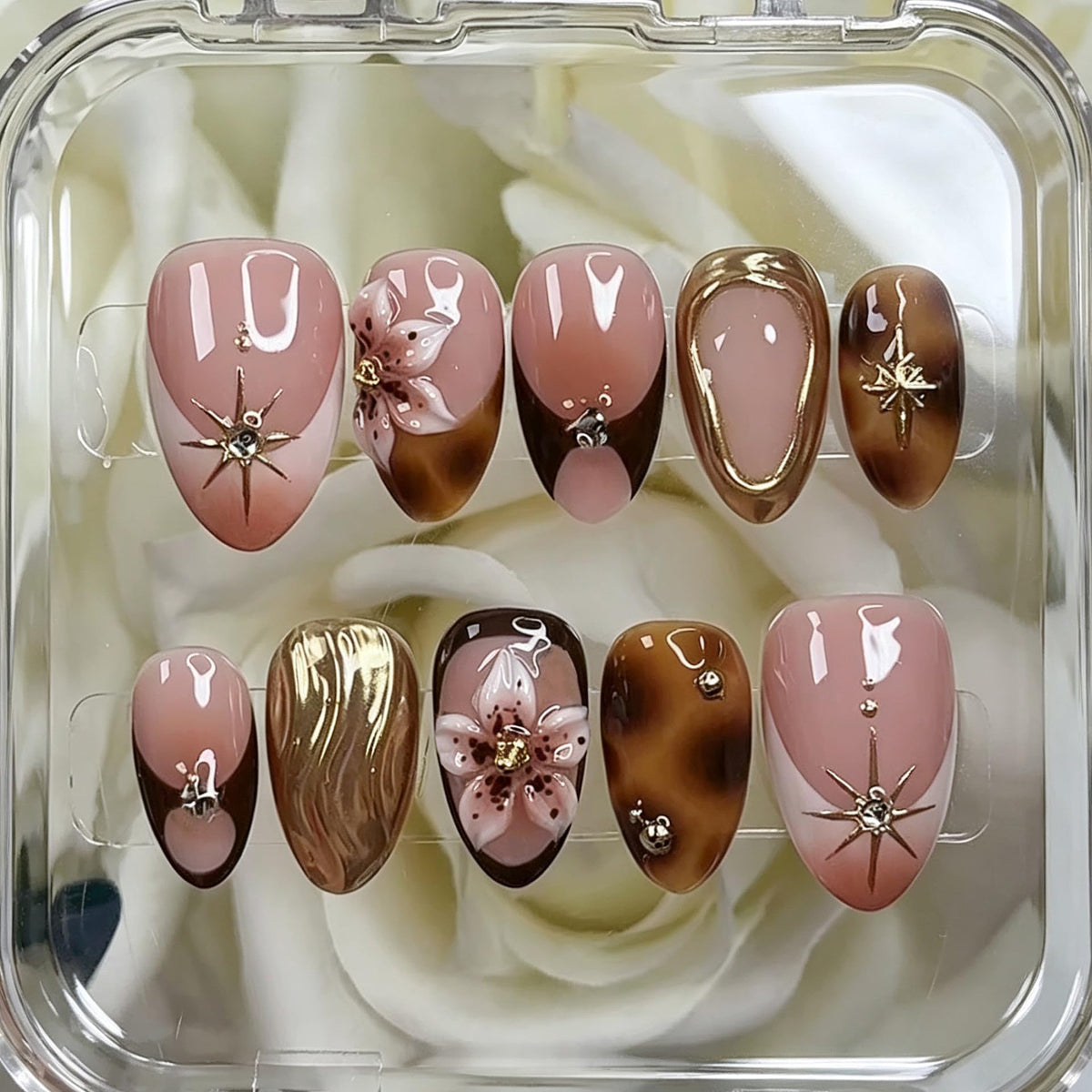 Long Press on Nails Almond Fake Nails Purple French Artificial Nail with 3D Flowers Designs Glitter Summer and Fall Cute Stick on Nail for Women 24pcs