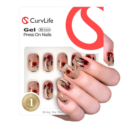 CurvLife Short Square Burgundy Press On Nails, Fall Dark red