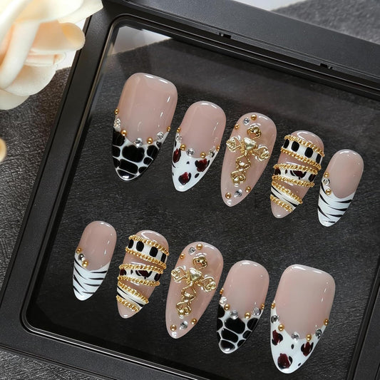 MAGLFELL Press On Nails- Handmade Fall Almond French Tips Halloween Fake Nails with Leopard Print＆Golden Chain, 10 Pcs Reusable Autumn Acrylic False Nails for Women, S