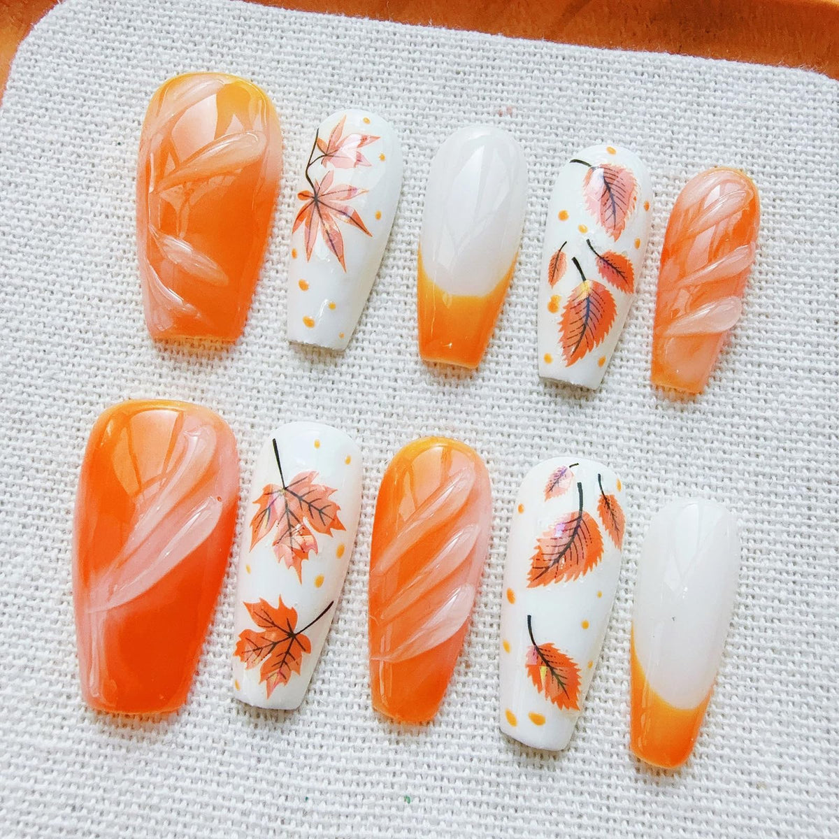 Fall Press on Nails Medium Almond French Tip, 30 Pcs Handmade 3D Flowers Gold Lines Embossed Designs, Glossy Nude Fake Nails, Reusable Glue On Nails, Full Cover Acrylic Nails for Women Brown