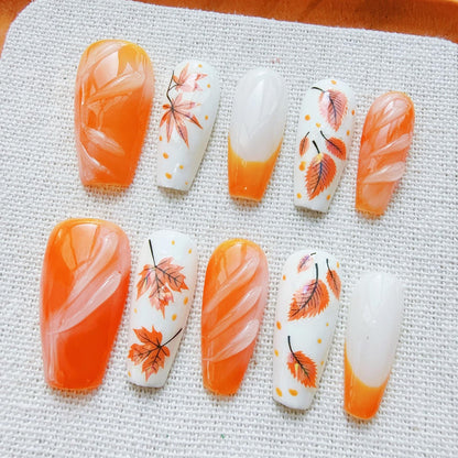 Fall Press on Nails Medium Almond French Tip, 30 Pcs Handmade 3D Flowers Gold Lines Embossed Designs, Glossy Nude Fake Nails, Reusable Glue On Nails, Full Cover Acrylic Nails for Women Brown