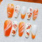 Fall Press on Nails Medium Almond French Tip, 30 Pcs Handmade 3D Flowers Gold Lines Embossed Designs, Glossy Nude Fake Nails, Reusable Glue On Nails, Full Cover Acrylic Nails for Women Brown