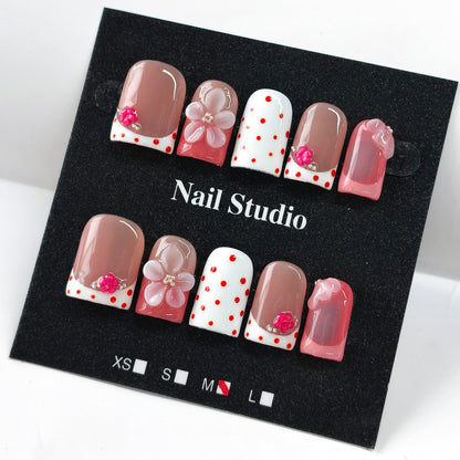 Handmade Press on Nails Short Almond Nude Polka Dot Glossy Reusable Fake Nails, Minimalist Beige Acrylic Press on Nails with White Dot Design for Women Girls 10 PCS(M)