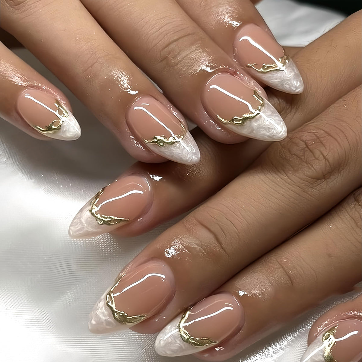 Fall Short Press On Nails Almond, Nude Fake Nails accented with golden glitter and Graceful White Floral Petal Design, Glossy Gel Finish Acrylic Nails, Natural Reusable Glue On Nails for Women
