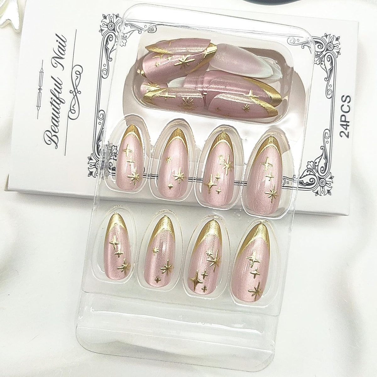 French Tip Press on Nails Almond Medium Fake Nails with Cat Eye Stars Designs Nails Press ons Gold Nude Glue on Nails Natural Artificial Nails Cute Stick on Nails for Women 24Pcs