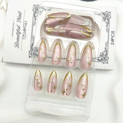 French Tip Press on Nails Almond Medium Fake Nails with Cat Eye Stars Designs Nails Press ons Gold Nude Glue on Nails Natural Artificial Nails Cute Stick on Nails for Women 24Pcs