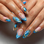 Long Press on Nails Almond Fake Nails Purple French Artificial Nail with 3D Flowers Designs Glitter Summer and Fall Cute Stick on Nail for Women 24pcs