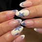 Fall Short Press On Nails Almond, Nude Fake Nails accented with golden glitter and Graceful White Floral Petal Design, Glossy Gel Finish Acrylic Nails, Natural Reusable Glue On Nails for Women