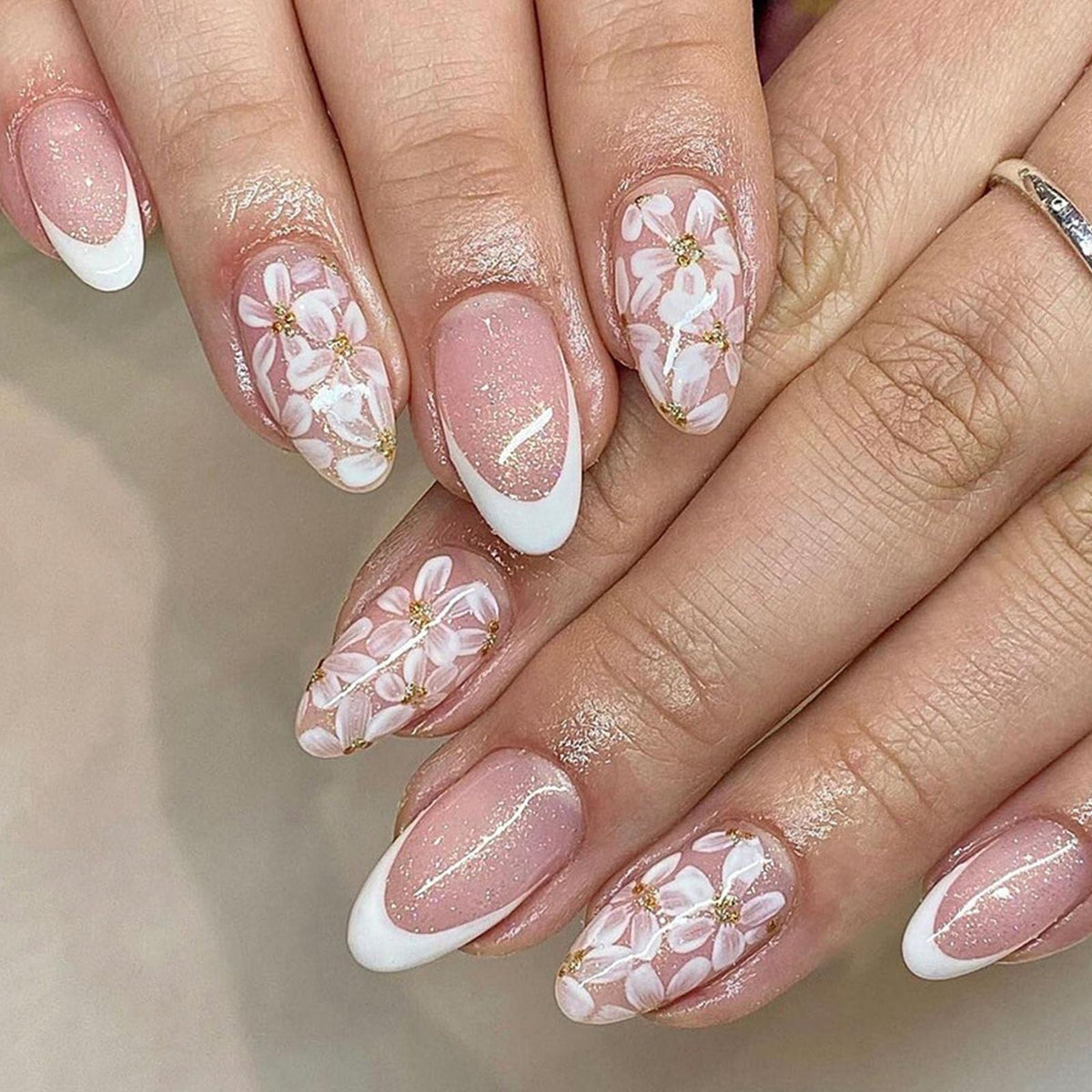 French Tip Press on Nails Almond Medium Fake Nails with Cat Eye Stars Designs Nails Press ons Gold Nude Glue on Nails Natural Artificial Nails Cute Stick on Nails for Women 24Pcs