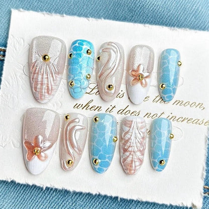Fall Press on Nails Medium Almond French Tip, 30 Pcs Handmade 3D Flowers Gold Lines Embossed Designs, Glossy Nude Fake Nails, Reusable Glue On Nails, Full Cover Acrylic Nails for Women Brown