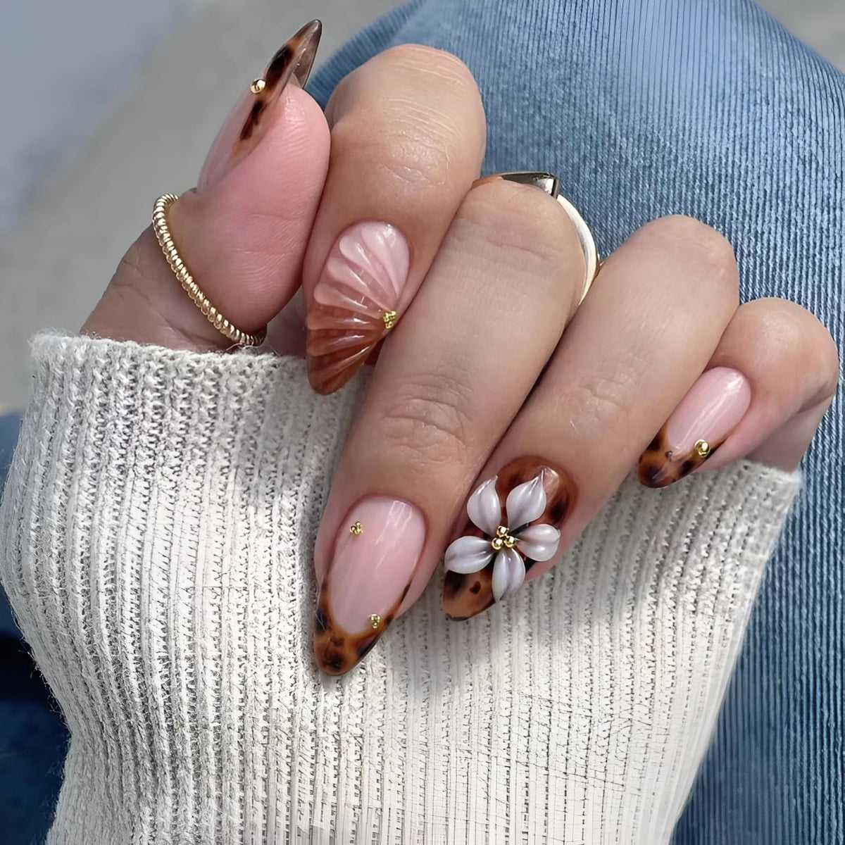 French Tip Press on Nails Medium Almond Fake Nails Brown Fall Nails Press Ons Brown Flower False Nails with Gold Rhinestones Design Glossy Glue on Nail Acrylic Stick on Nail for Women Set 24Pcs