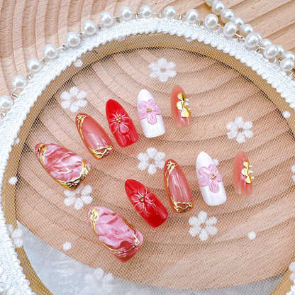 30Pcs Pink Press on Nails Medium Almond Fake Nails with 3D Flowers Pearl Designs Gold Flower False Nails Pink Gradient Acrylic Nail Tips Peach Blossoms Full Cover Stick on Nails for Women