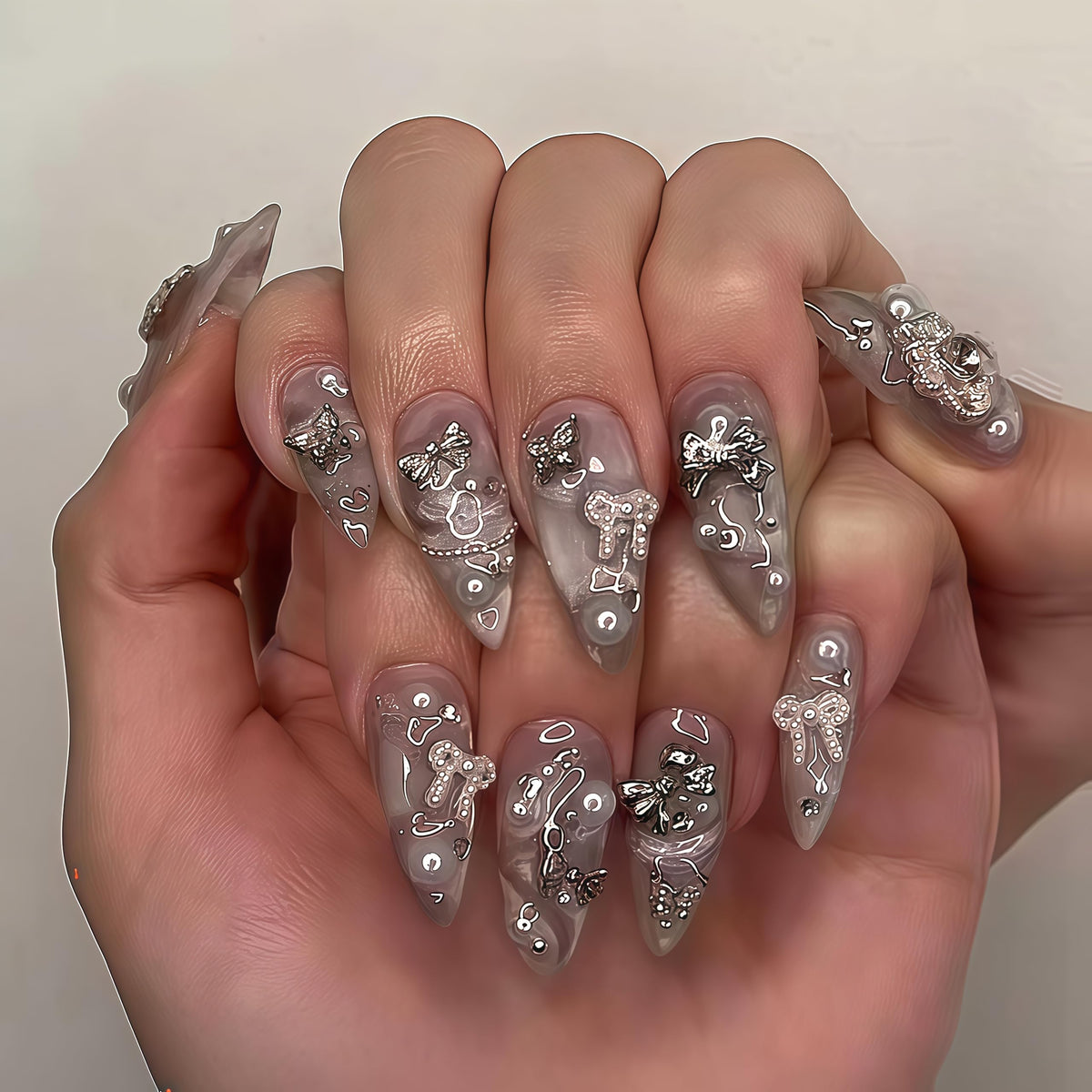 Long Press on Nails Almond Fake Nails Purple French Artificial Nail with 3D Flowers Designs Glitter Summer and Fall Cute Stick on Nail for Women 24pcs