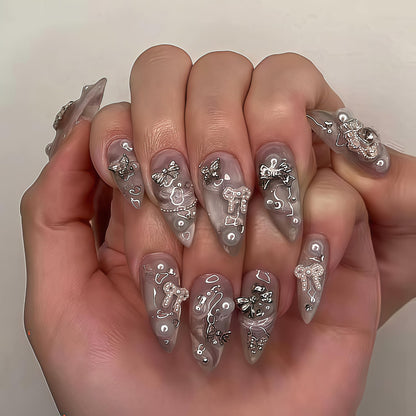 Long Press on Nails Almond Fake Nails Purple French Artificial Nail with 3D Flowers Designs Glitter Summer and Fall Cute Stick on Nail for Women 24pcs
