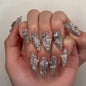 Long Press on Nails Almond Fake Nails Purple French Artificial Nail with 3D Flowers Designs Glitter Summer and Fall Cute Stick on Nail for Women 24pcs