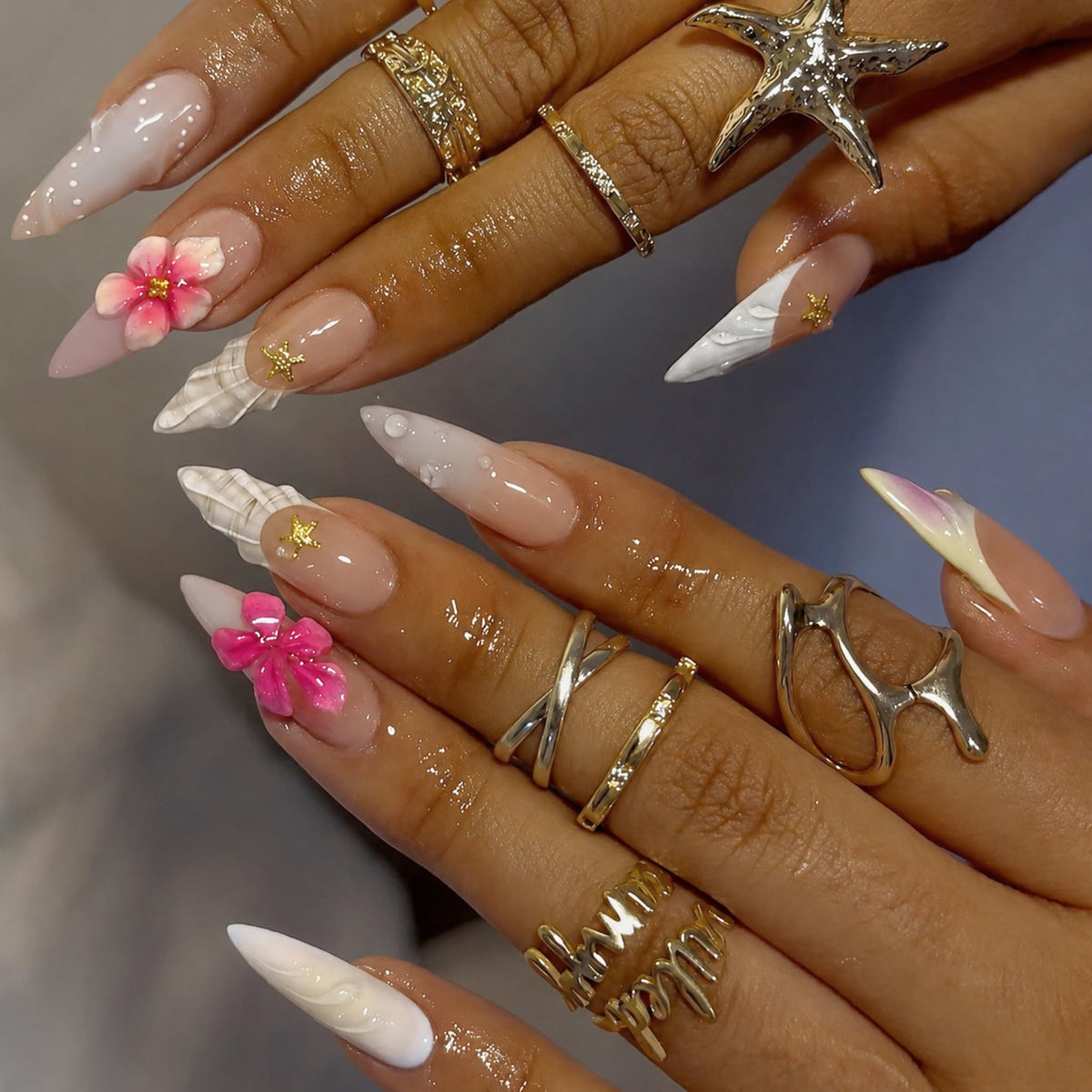 Long Press on Nails Almond Fake Nails Purple French Artificial Nail with 3D Flowers Designs Glitter Summer and Fall Cute Stick on Nail for Women 24pcs