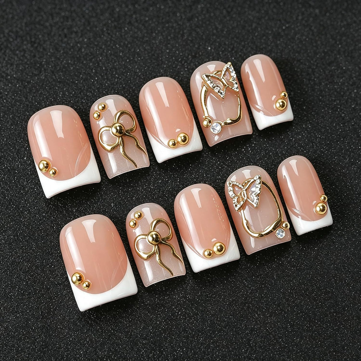 Handmade Press on Nails Short Almond Nude Polka Dot Glossy Reusable Fake Nails, Minimalist Beige Acrylic Press on Nails with White Dot Design for Women Girls 10 PCS(M)