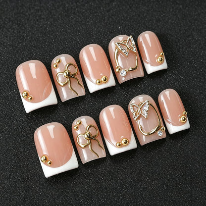 Handmade Press on Nails Short Almond Nude Polka Dot Glossy Reusable Fake Nails, Minimalist Beige Acrylic Press on Nails with White Dot Design for Women Girls 10 PCS(M)