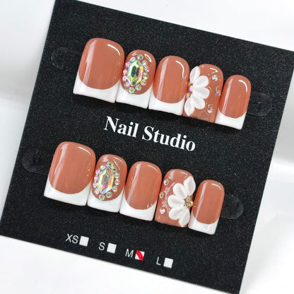 Handmade Press on Nails Short Almond Nude Polka Dot Glossy Reusable Fake Nails, Minimalist Beige Acrylic Press on Nails with White Dot Design for Women Girls 10 PCS(M)