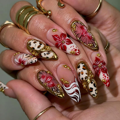 Long Press on Nails Almond Fake Nails Purple French Artificial Nail with 3D Flowers Designs Glitter Summer and Fall Cute Stick on Nail for Women 24pcs