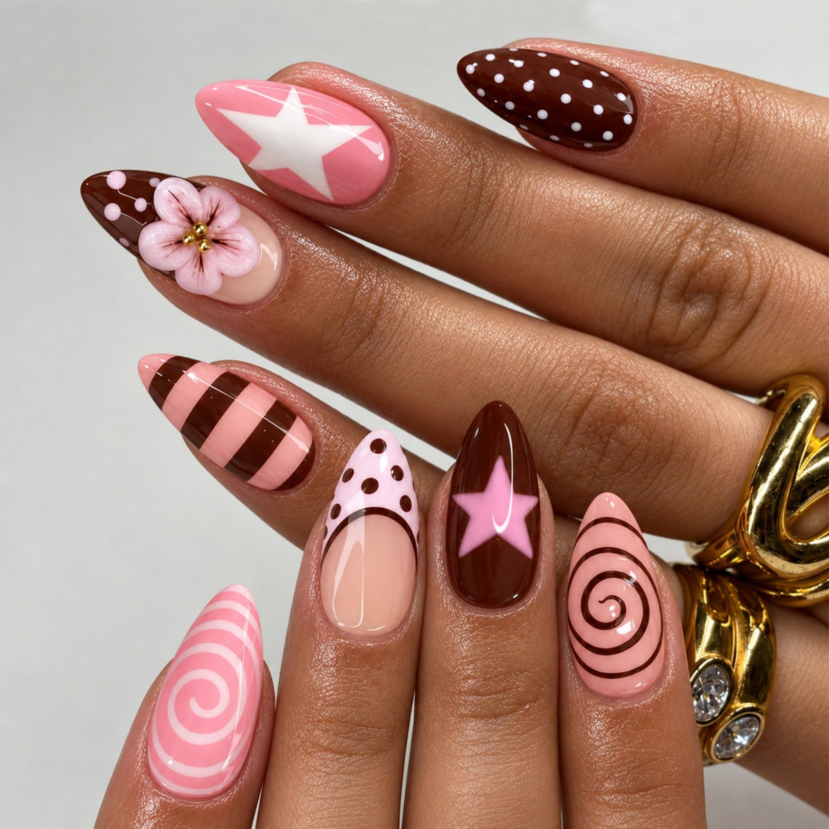 Long Press on Nails Almond Fake Nails Purple French Artificial Nail with 3D Flowers Designs Glitter Summer and Fall Cute Stick on Nail for Women 24pcs