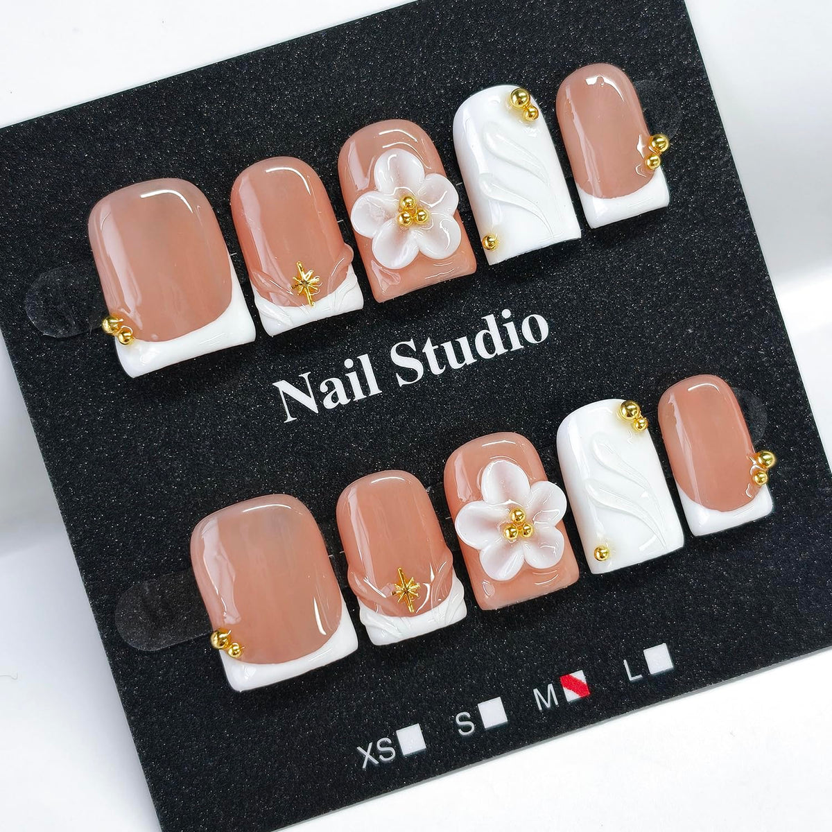 Handmade Press on Nails Short Almond Nude Polka Dot Glossy Reusable Fake Nails, Minimalist Beige Acrylic Press on Nails with White Dot Design for Women Girls 10 PCS(M)