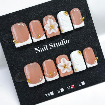 Handmade Press on Nails Short Almond Nude Polka Dot Glossy Reusable Fake Nails, Minimalist Beige Acrylic Press on Nails with White Dot Design for Women Girls 10 PCS(M)