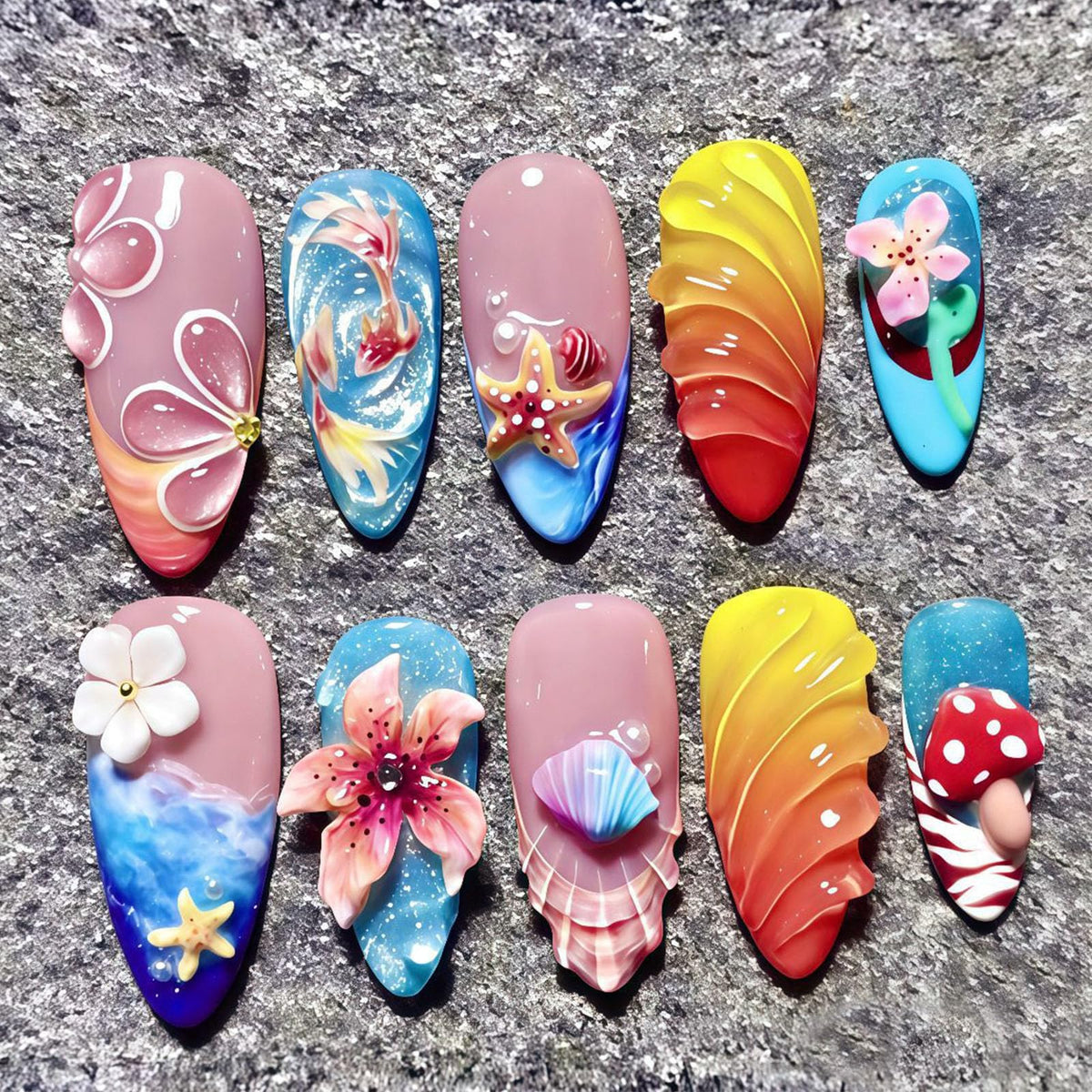 French Tip Press on Nails Almond Medium Fake Nails with Cat Eye Stars Designs Nails Press ons Gold Nude Glue on Nails Natural Artificial Nails Cute Stick on Nails for Women 24Pcs