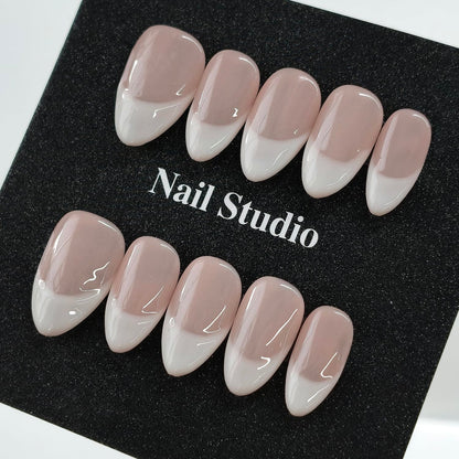 Handmade Press on Nails Short Almond Nude Polka Dot Glossy Reusable Fake Nails, Minimalist Beige Acrylic Press on Nails with White Dot Design for Women Girls 10 PCS(M)
