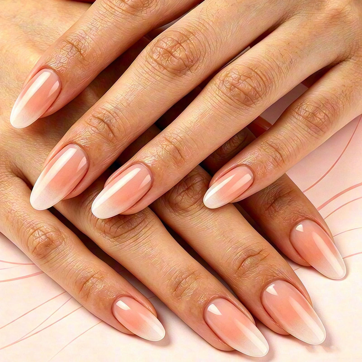 French Tip Press on Nails Almond Medium Fake Nails with Cat Eye Stars Designs Nails Press ons Gold Nude Glue on Nails Natural Artificial Nails Cute Stick on Nails for Women 24Pcs