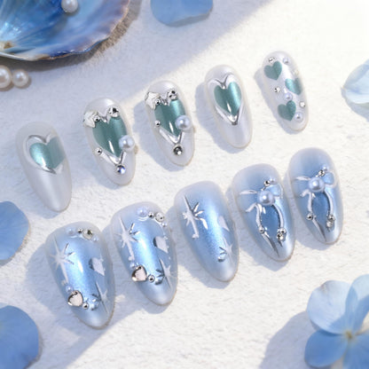 Spring Fake Acrylic Press On Nails – Starry Sky Designer False Nails Medium Almond, Salon Quality, Glossy Reusable Stick-On Nails for Weddings, Outdoor Picnics & Parties | Gift for Women