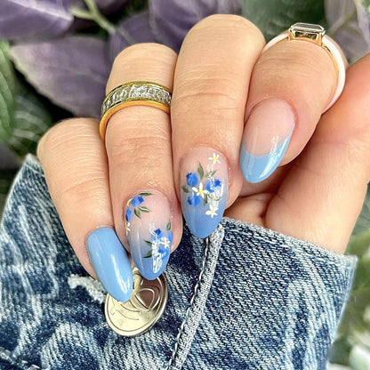 Short Press On Almond Fake Nails - Flower Acrylic Fall Nails Press Ons Full Cover Glue On Cute False Floral Stick On Nails for Women - 30 Pcs