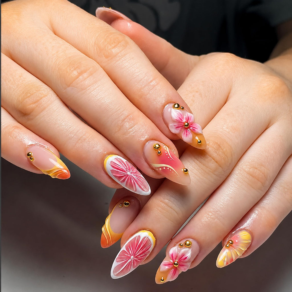 Long Press on Nails Almond Fake Nails Purple French Artificial Nail with 3D Flowers Designs Glitter Summer and Fall Cute Stick on Nail for Women 24pcs
