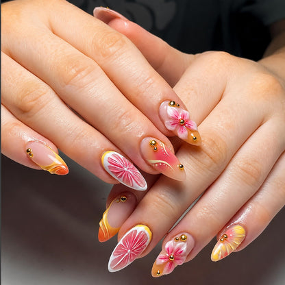 Long Press on Nails Almond Fake Nails Purple French Artificial Nail with 3D Flowers Designs Glitter Summer and Fall Cute Stick on Nail for Women 24pcs
