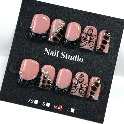 Handmade Press on Nails Short Almond Nude Polka Dot Glossy Reusable Fake Nails, Minimalist Beige Acrylic Press on Nails with White Dot Design for Women Girls 10 PCS(M)